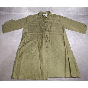 Long Button Up Shirt Dress Marla Kim XL Green Shoulder Pads Vertical Pockets